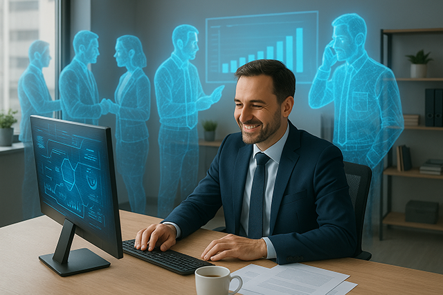 Benefits of AI - transform your business and prepare for the future Business executive receiving AI-powered services