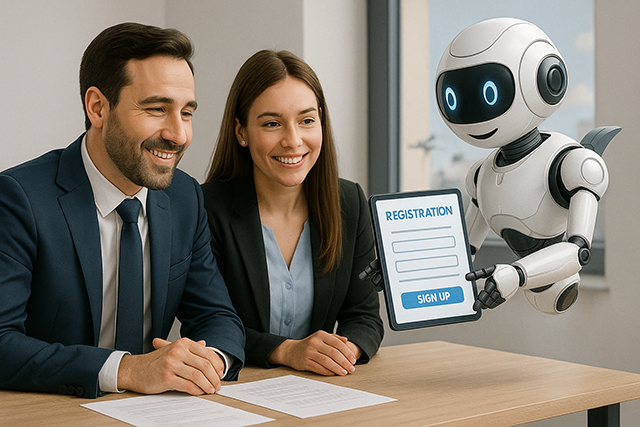 Business man and woman getting ready to register